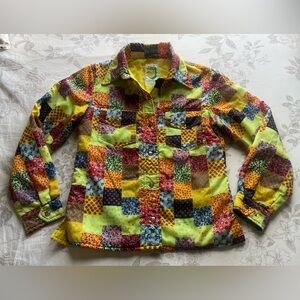 Vintage SKYR 70s Patchwork Yellow Floral Nylon Shacket Medium Cottagecore Scandi